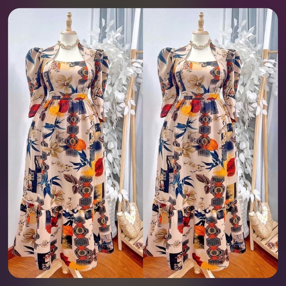Floral Print Maxi Dress with Breast pads attached from vietnam